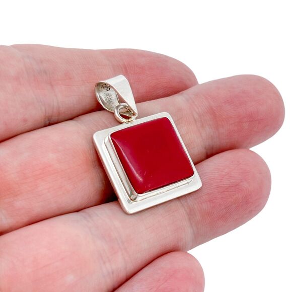 Square Red Enamel Pendant | Mexico Sterling Silver 925 - Picture 1 of 7